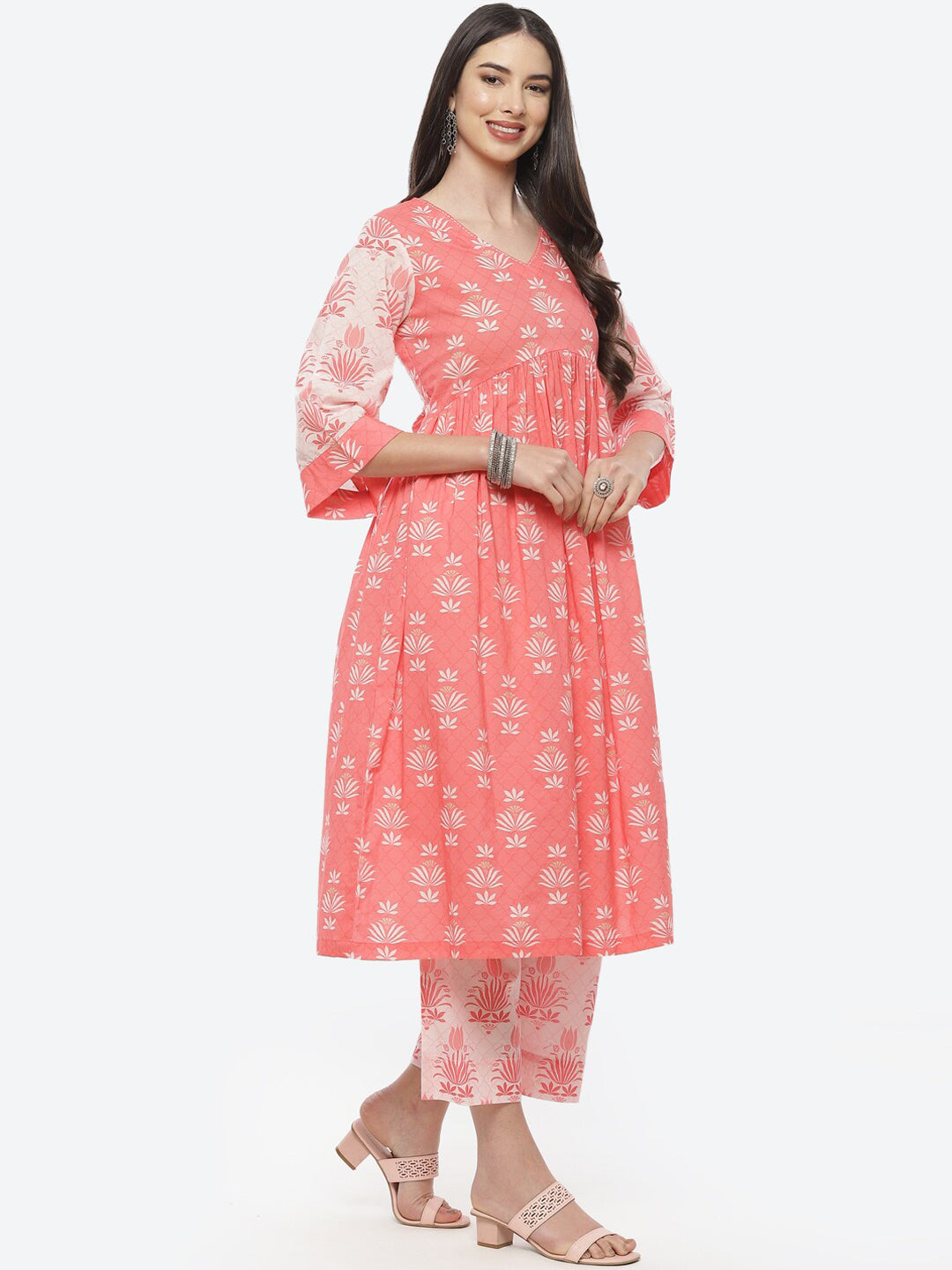 Biba Women Peach-Coloured Floral Printed Pleated Pure Cotton Kurta with Trousers - Distacart