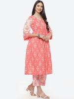 Thumbnail for Biba Women Peach-Coloured Floral Printed Pleated Pure Cotton Kurta with Trousers - Distacart