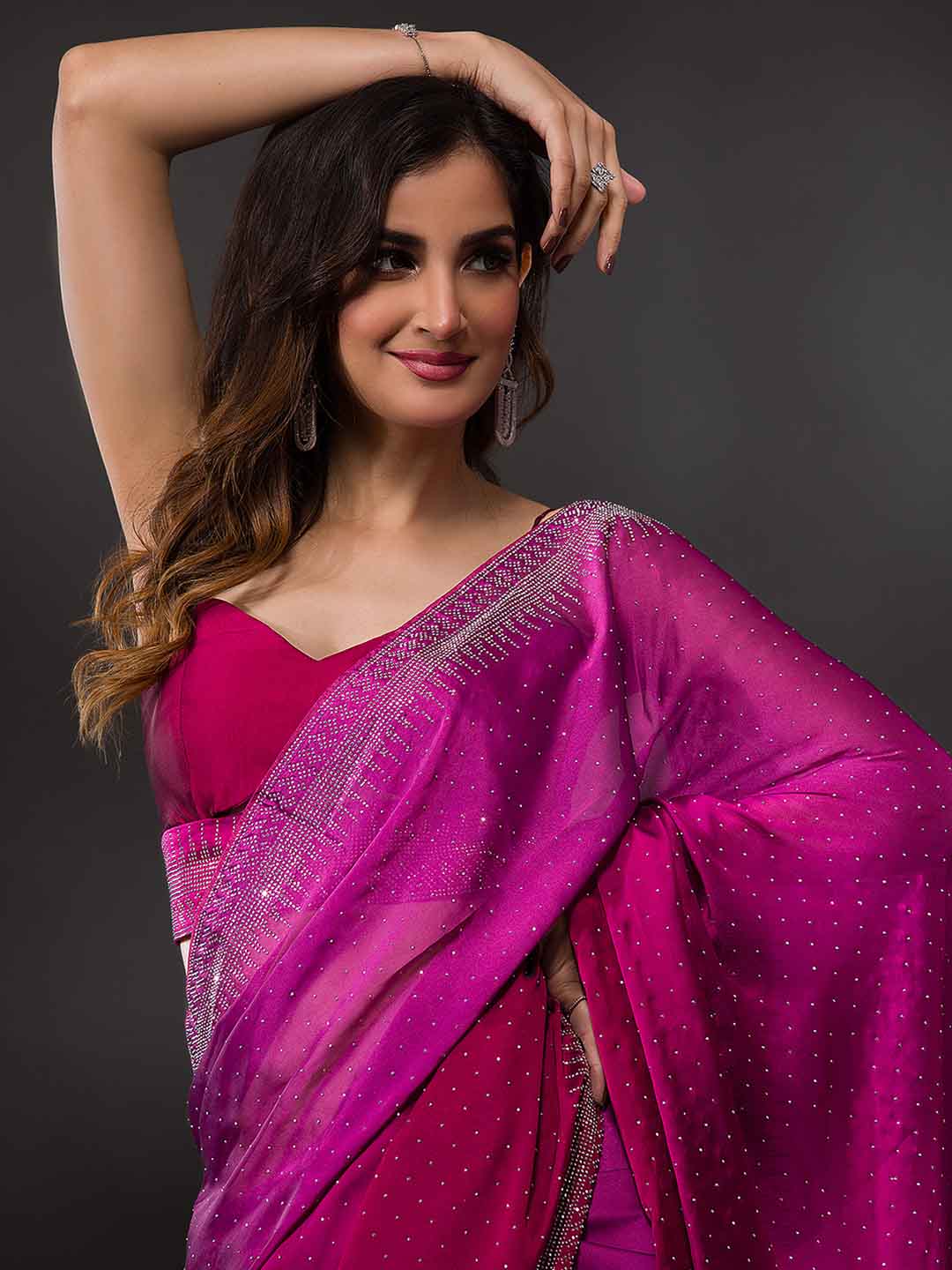 Koskii Women Maroon & Silver-Toned Beads and Stones Embellished Saree - Distacart