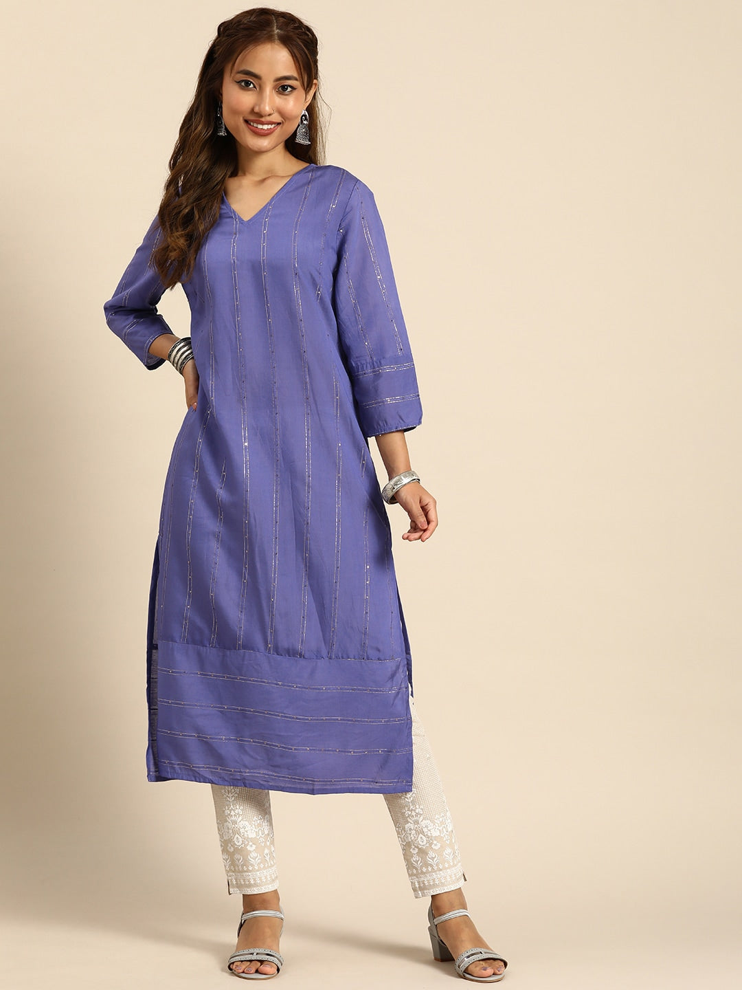 Sangria Women Jacquard Sequinned Chanderi Silk Kurta - Distacart