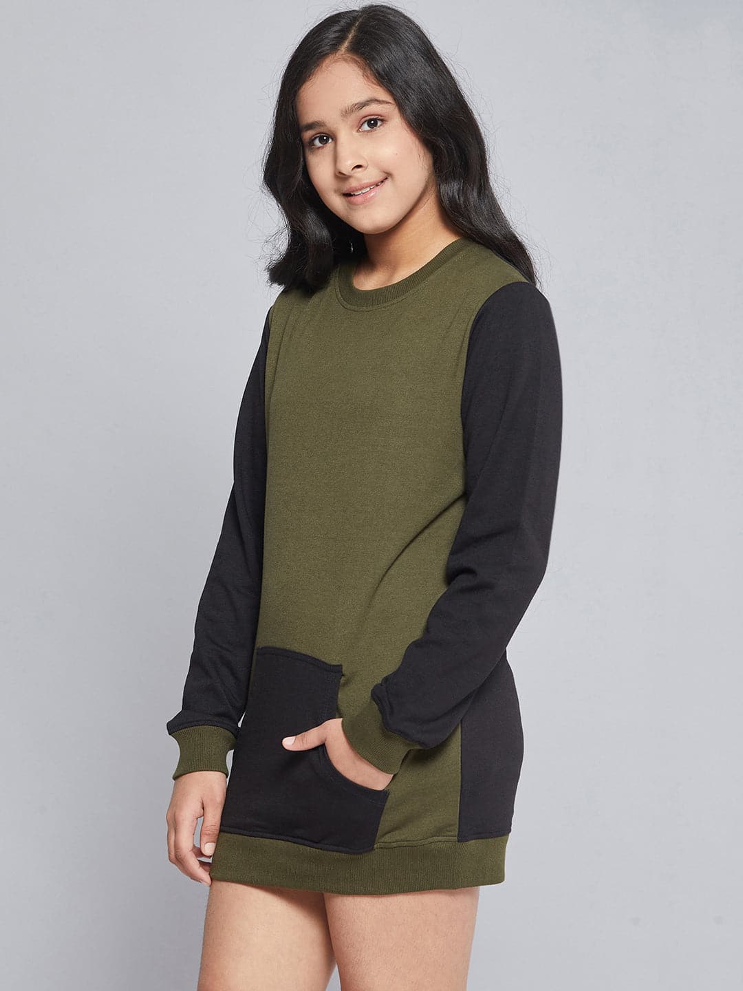 Lyush Olive & Black ColorBlock Terry Sweat Dress For Girls - Distacart