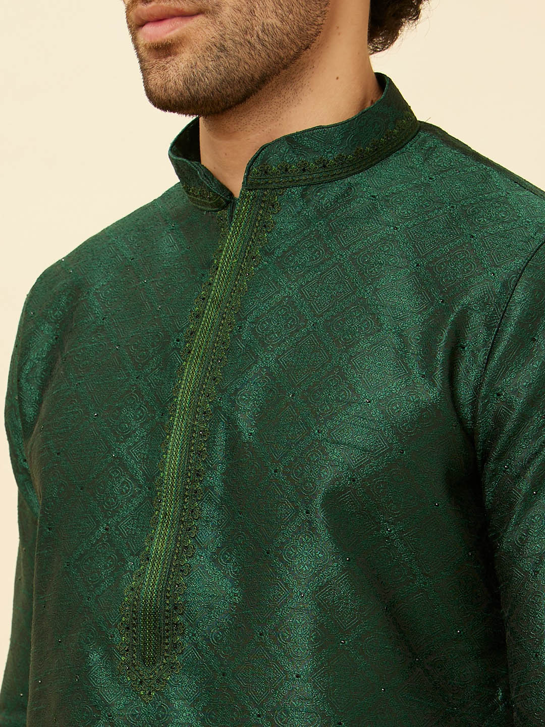 Manyavar Geometric Self Design Mandarin Collar Straight Kurta with Pyjamas - Distacart