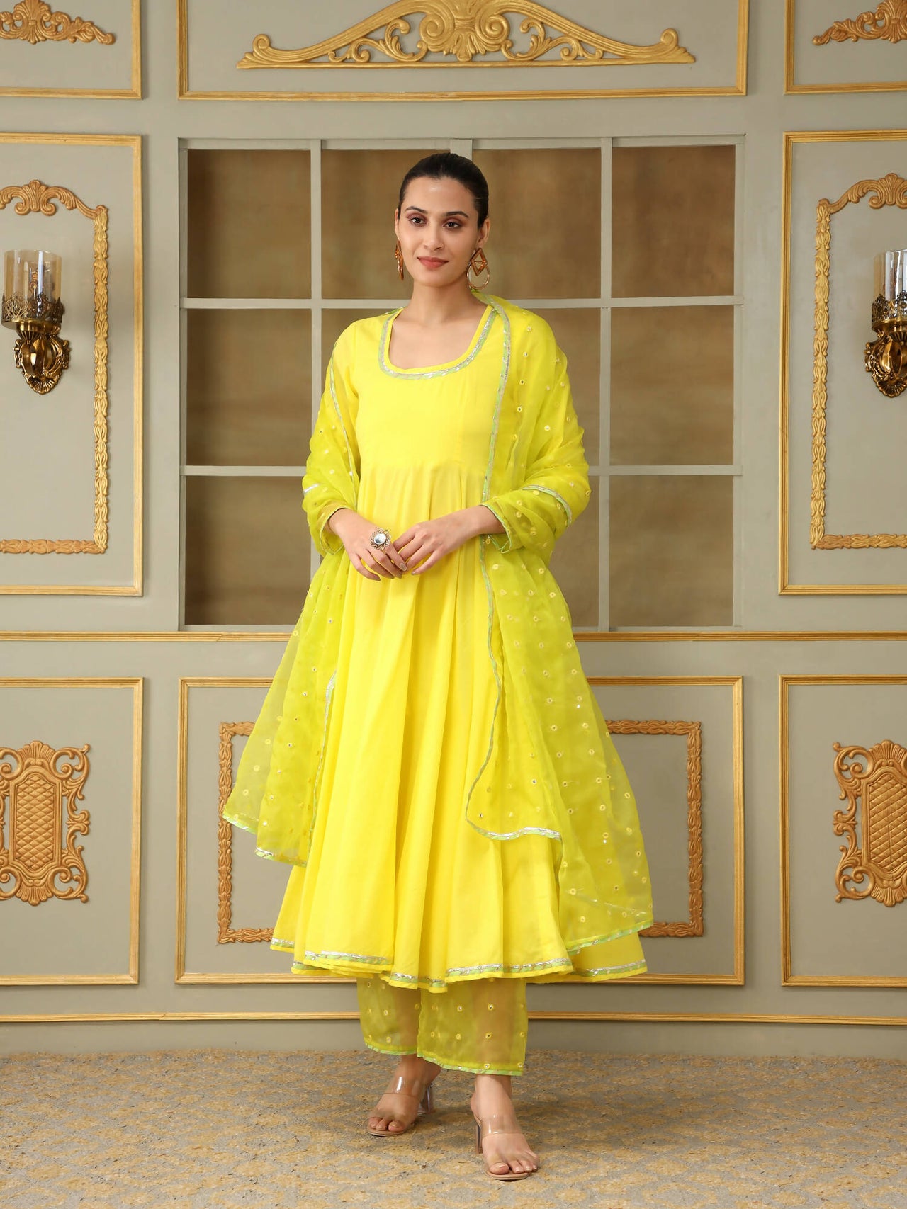 Pomcha Jaipur Yellow Saadgi Yellow Mirror Work Anarkali Set - Distacart