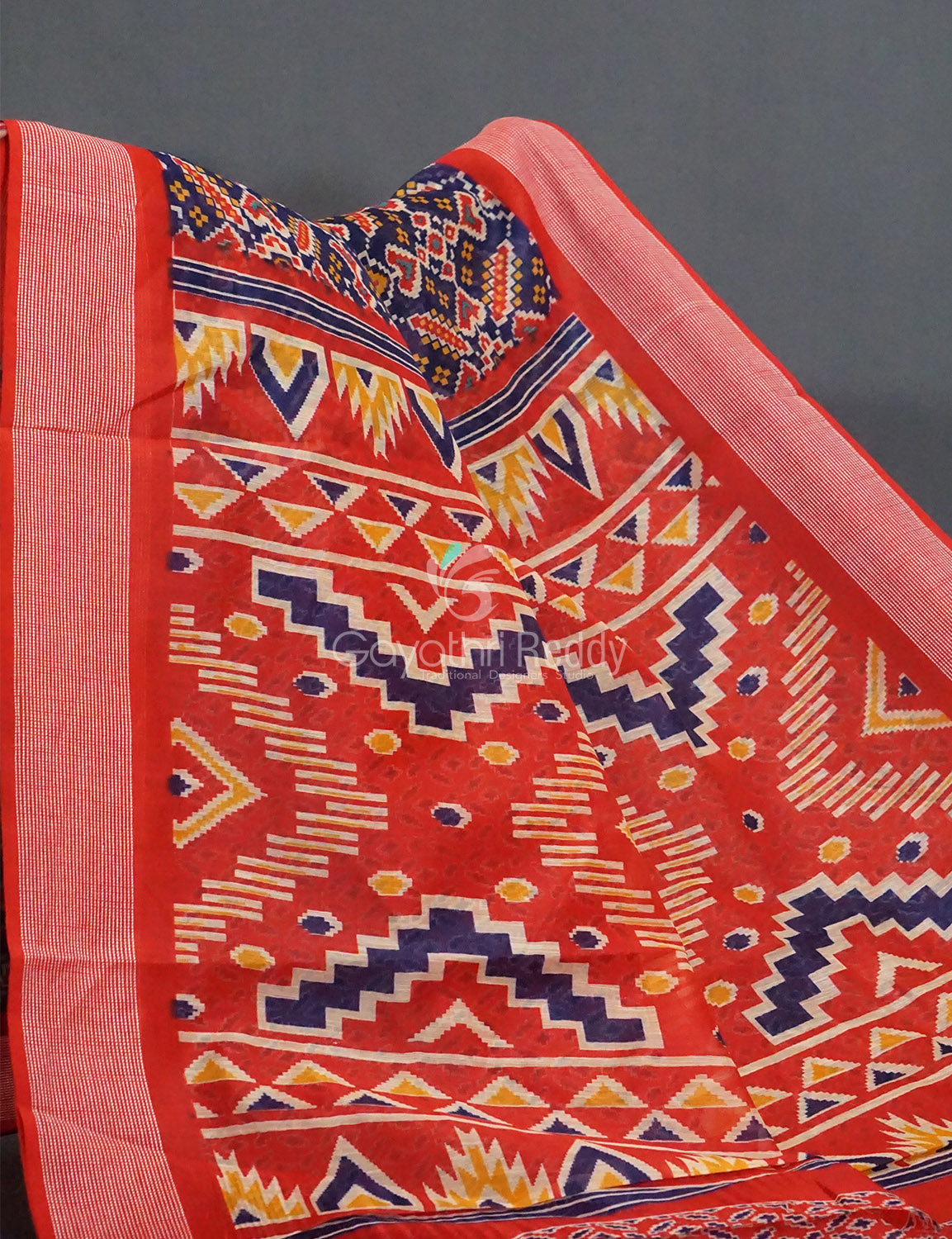 Shades Of Navy Blue And Red Patola Print Semi Chanderi Saree By Gayathri Reddy Designer Studio - Distacart