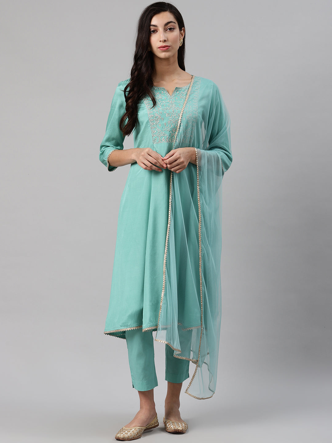 Biba Women Sea Green Yoke Design Kurta with Trousers & Dupatta - Distacart