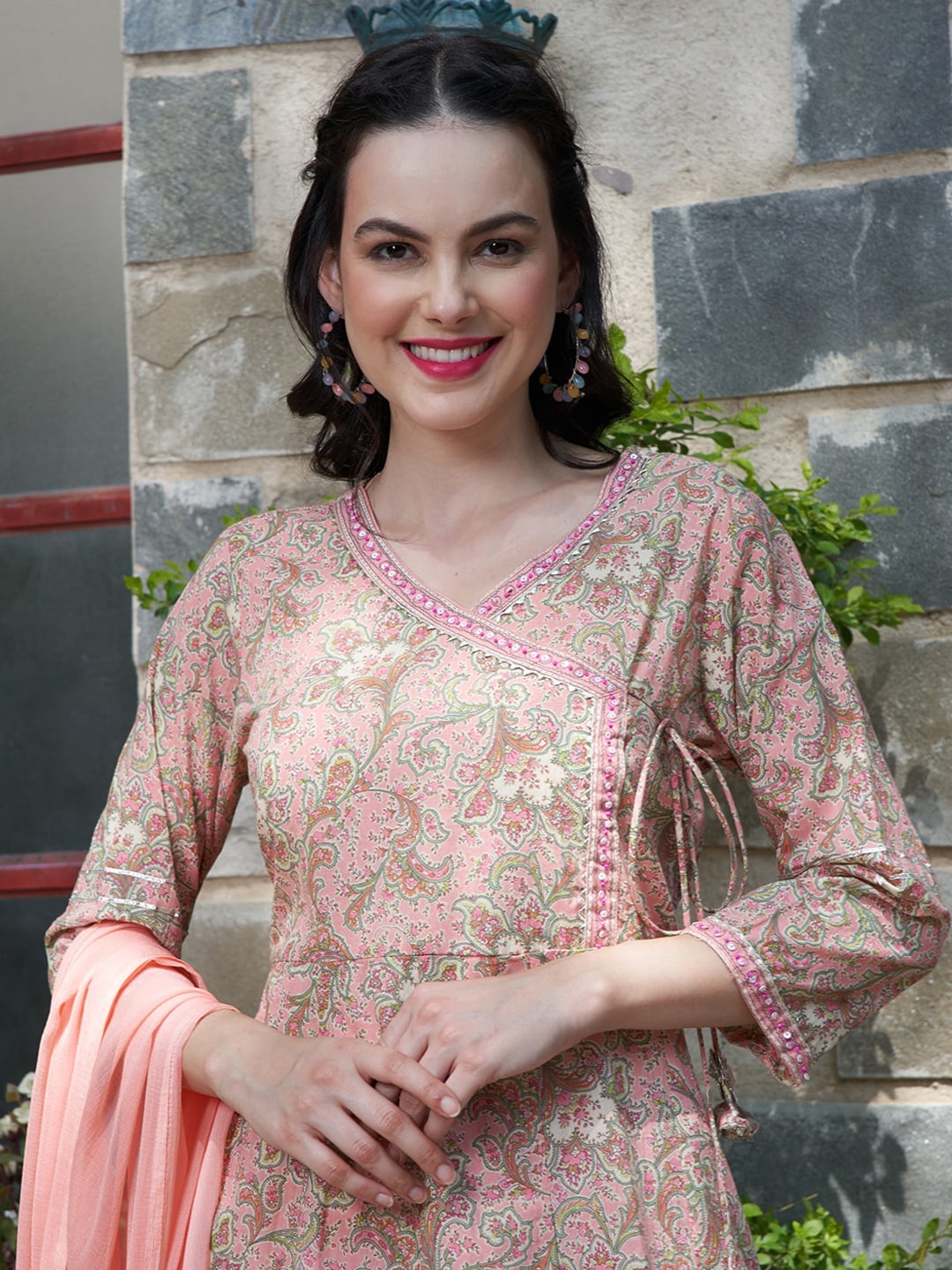 Sangria Peach Floral Printed Gotta Patti Pure Cotton A-Line Kurta with Trousers & Dupatta - Distacart