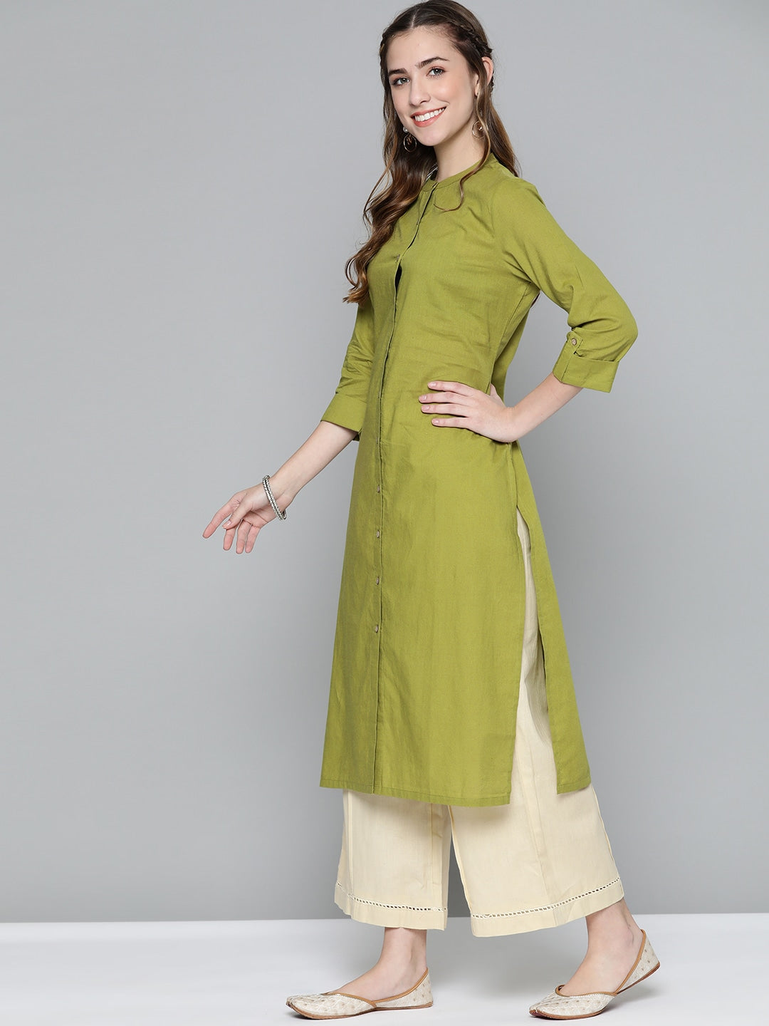 HERE&NOW Women Olive Green Solid Pure Cotton Kurta - Distacart