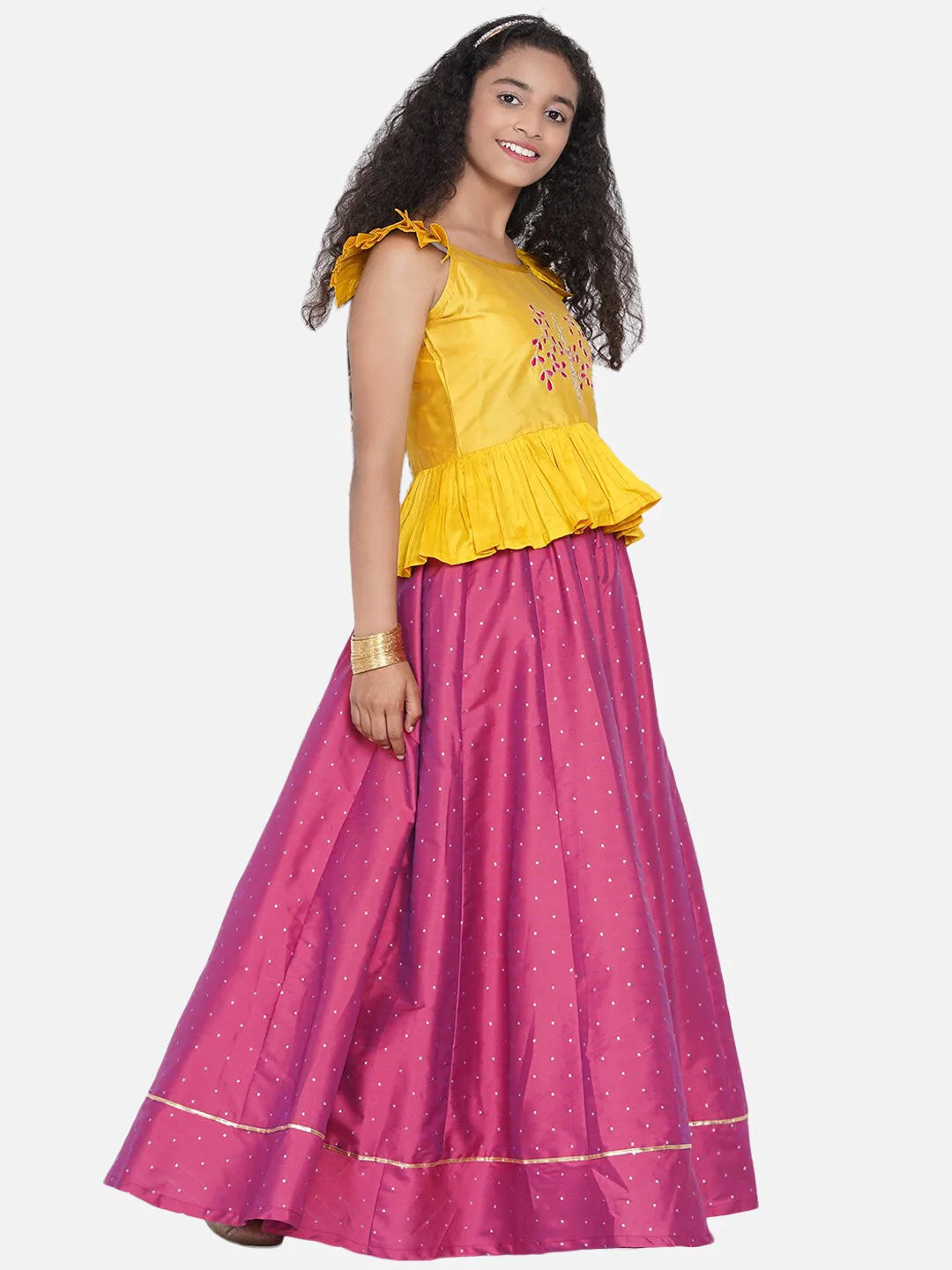 NOZ2TOZ Mustard & Fuchsia Embroidered Ready to Wear Lehenga For Girls - Distacart