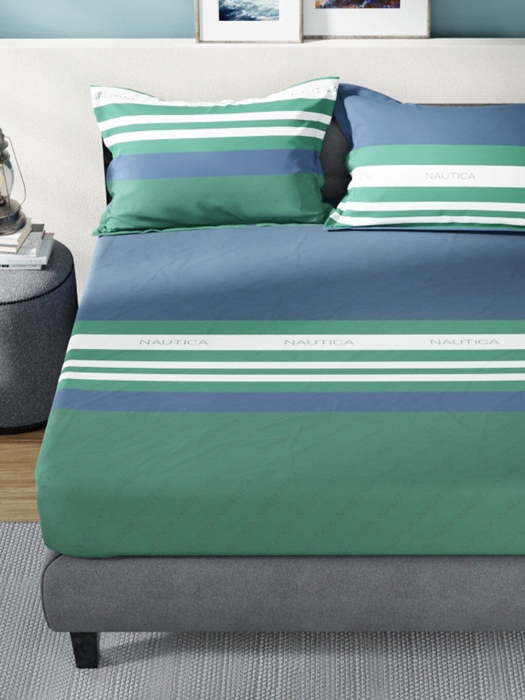 Nautica Bradford Blue & Green Striped 160 TC Pure Cotton King Bedsheet & 2 Pillow Covers - Distacart