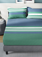 Thumbnail for Nautica Bradford Blue & Green Striped 160 TC Pure Cotton King Bedsheet & 2 Pillow Covers - Distacart