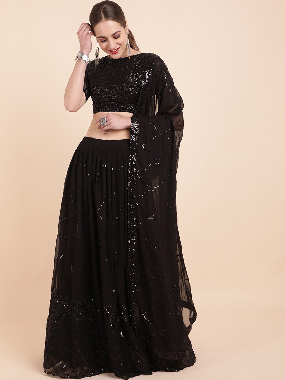 Sangria Black Embellished Sequinned Pure Georgette Lehenga Saree - Distacart
