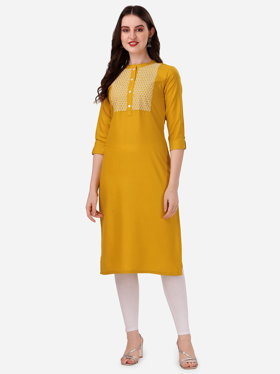 HERE&NOW Yoke Design Mandarin Collar Thread Work Cotton Kurta - Distacart