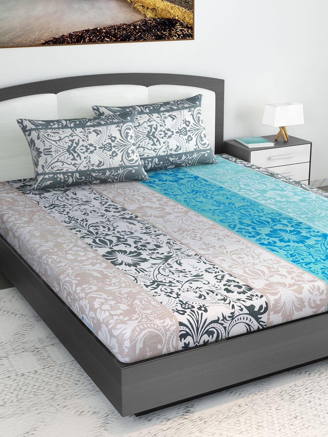 Divine Casa Blue & Grey Ethnic Motifs 120 TC Bedsheet with Pillow Covers - Distacart