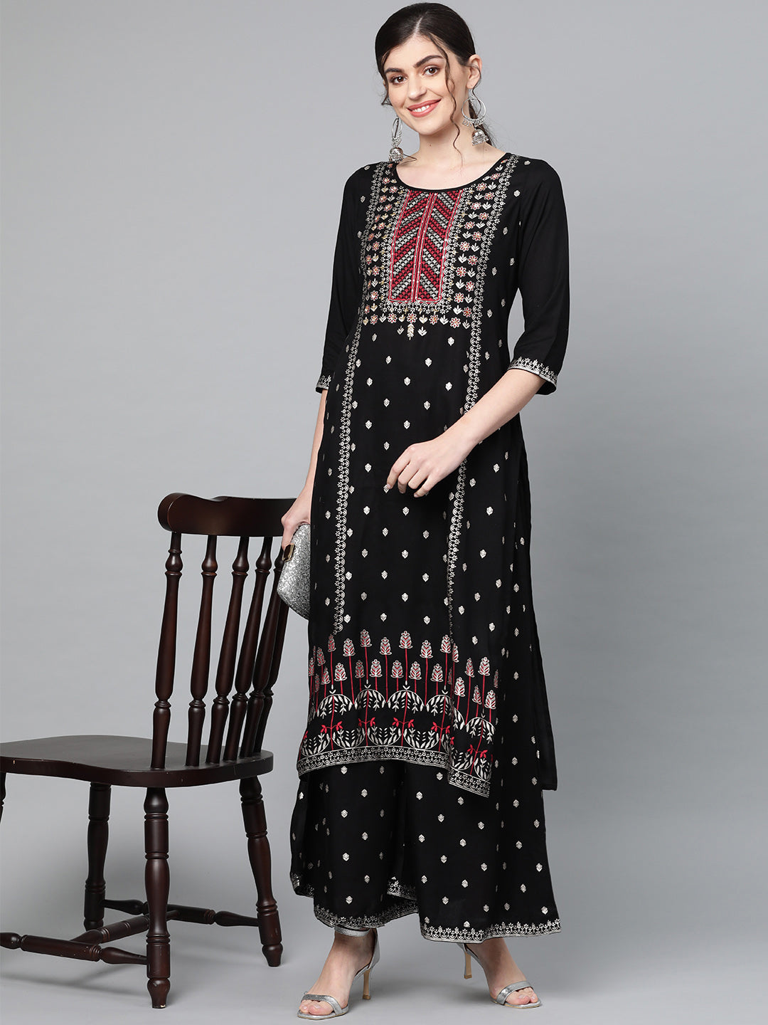 Ishin Women Black & Golden Printed Kurta with Palazzos - Distacart