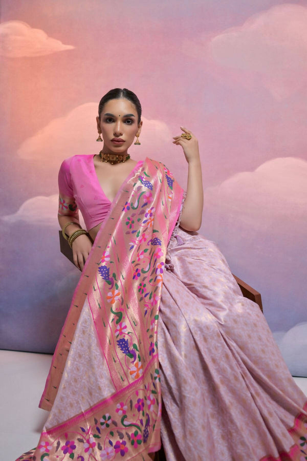 Vishnu Weaves Women's Purple Paithani Silk Zari Woven Saree with Blouse - Distacart