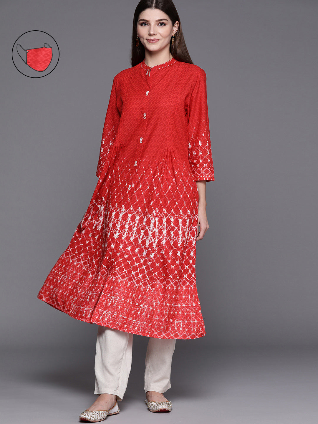 Biba Women Red & White Geometric Printed Kurta with Mask - Distacart