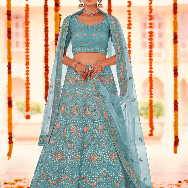 Myra Turquoise Organza Embroidered Designer Lehenga - Distacart