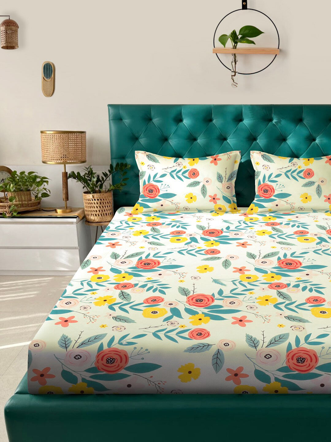 KLOTTHE White & Blue Floral Printed 300 TC King Bedsheet With 2 Pillow covers - Distacart