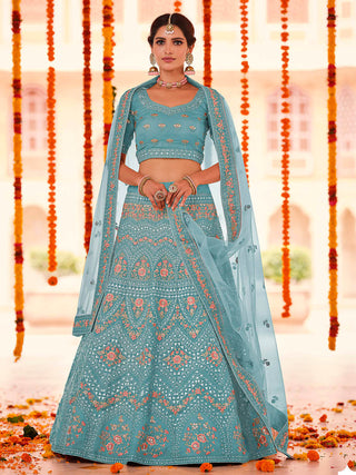 Myra Turquoise Organza Embroidered Designer Lehenga - Distacart