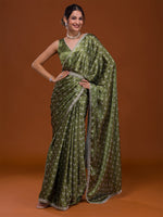 Thumbnail for Koskii Green & White Bandhani Embroidered Bandhani Saree - Distacart