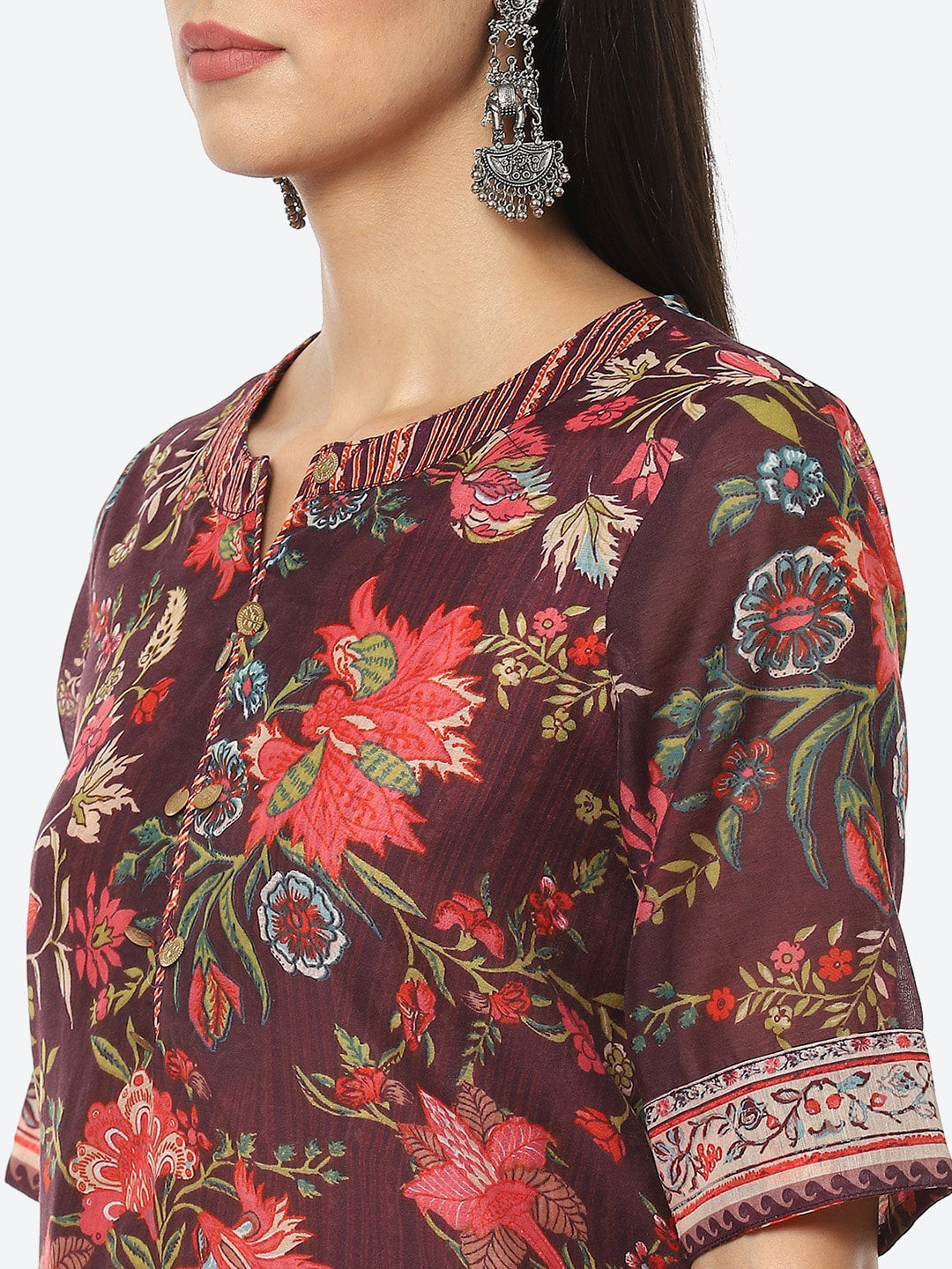 Biba Women Plus size Maroon Floral Printed Layered Kurta with Churidar & Dupatta - Distacart