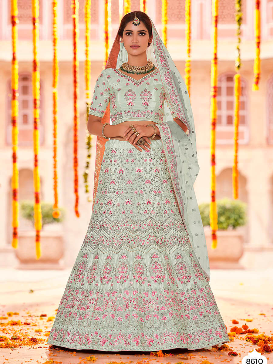 Myra Pista Crepe Heavy Embroidered Lehenga - Distacart