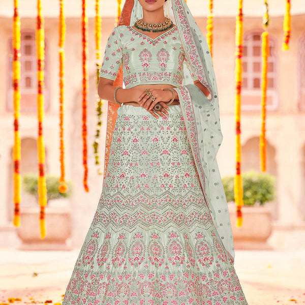 Myra Pista Crepe Heavy Embroidered Lehenga - Distacart