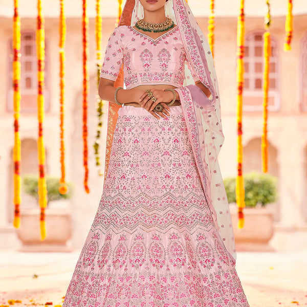 Myra Pink Crepe Heavy Embroidered Lehenga - Distacart