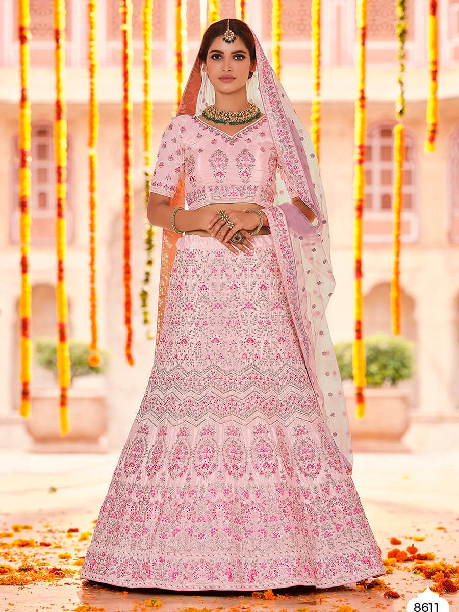 Myra Pink Crepe Heavy Embroidered Lehenga - Distacart