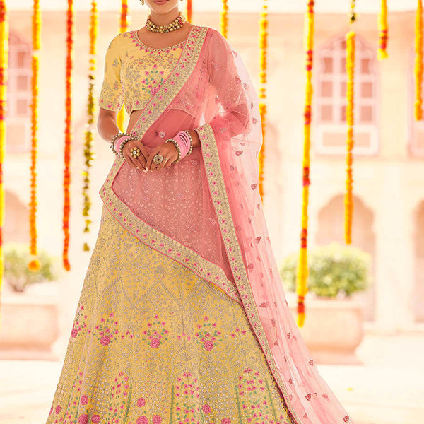 Myra Yellow Georgette Heavy Embroidered Lehenga - Distacart