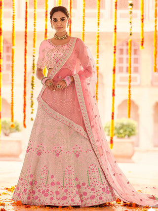 Myra Pink Georgette Heavy Embroidered Lehenga - Distacart