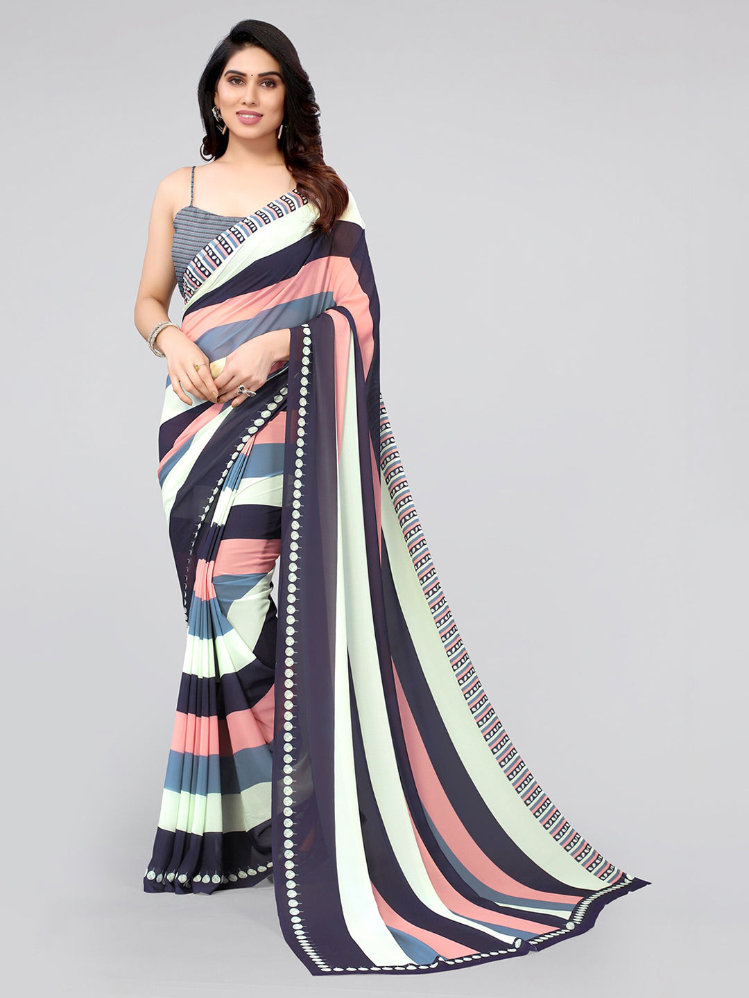 Kalini Pink & Blue Striped Saree - Distacart