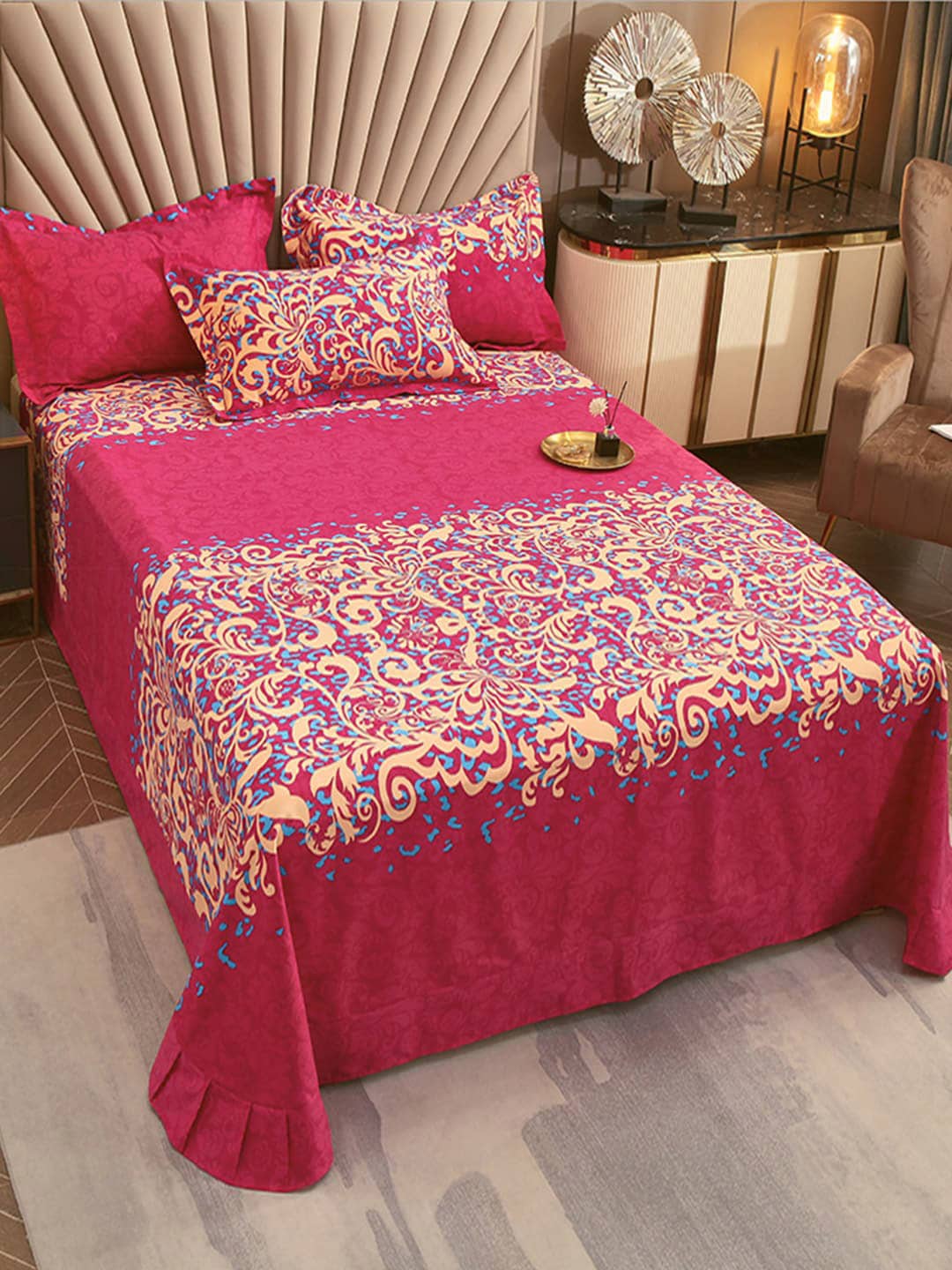 JC Collection Pink & Blue TC 240 Ethnic Motifs Cotton King Bedsheet with 2 Pillow Covers - Distacart