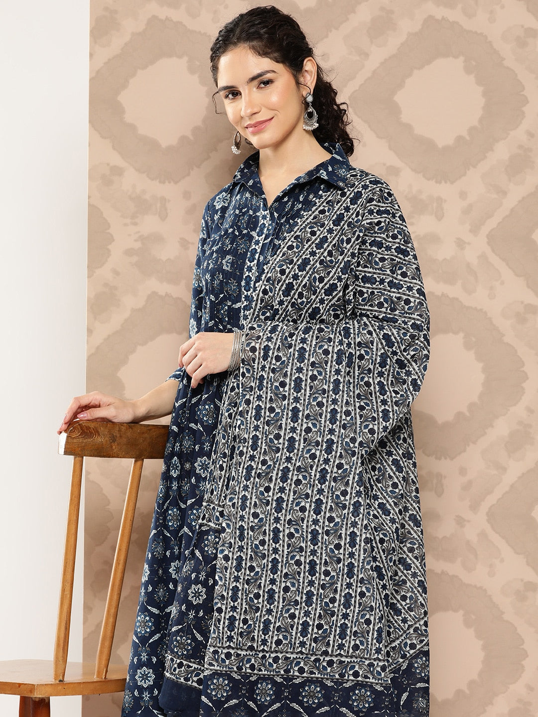 Kalini Ethnic Motifs Printed Pleated Pure Cotton Kurta with Palazzos & Dupatta - Distacart
