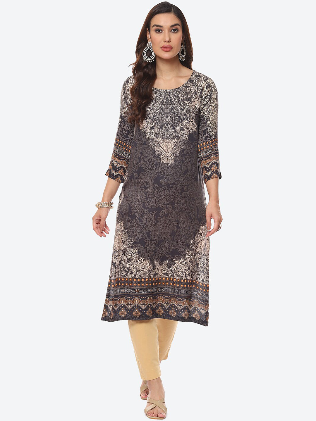 Biba Women Grey & Beige Ethnic Motifs Printed Straight Fit Kurta - Distacart