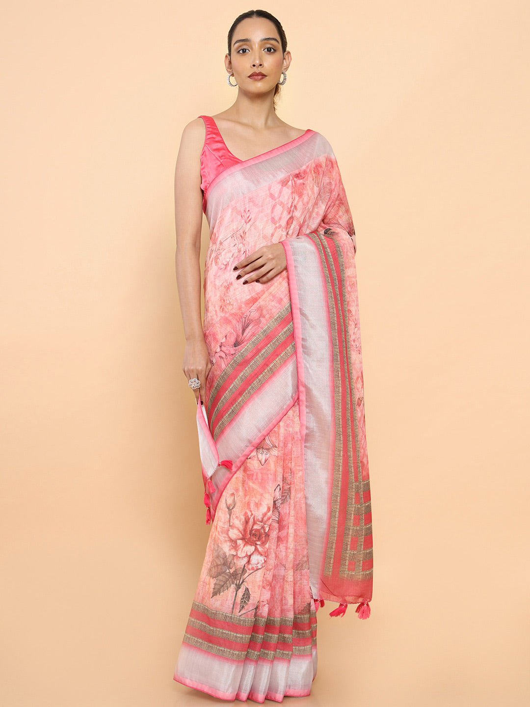 Soch Pink & Grey Floral Zari Pure Linen Ready to Wear Saree - Distacart