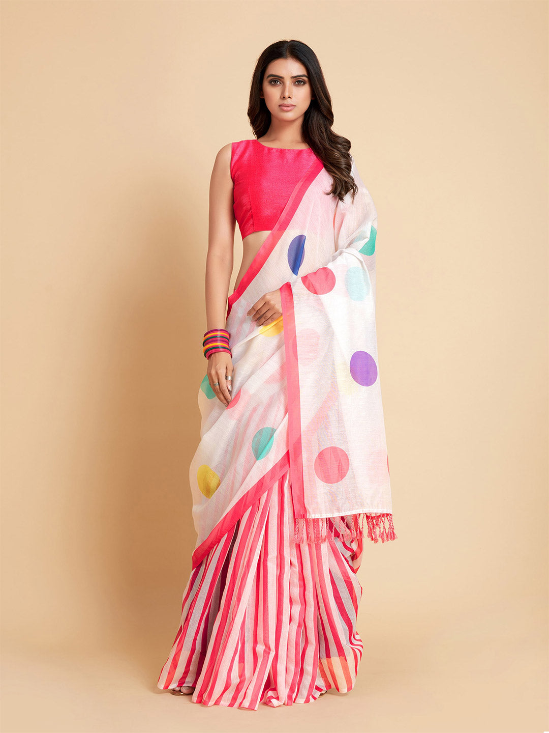 Sangria White & Pink Polka Dotted Saree - Distacart