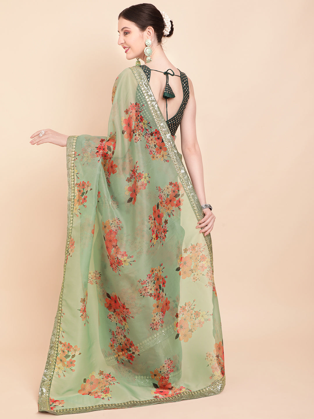Sangria Olive Green & Red Floral Printed Organza Saree With Sequinned Blouse piece - Distacart