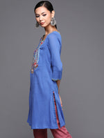 Thumbnail for Biba Women Blue Pure Cotton Floral Embroidered Mirror Work Kurta - Distacart