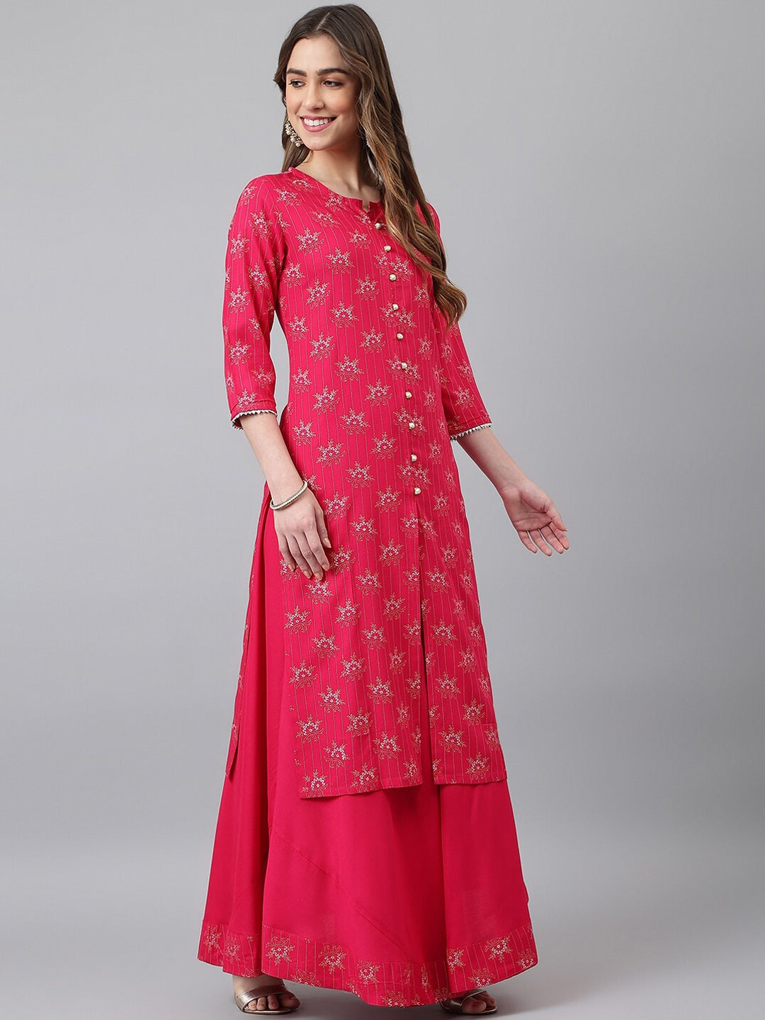 Khushal K Women Pink Ethnic Motifs Printed Kurta with Skirt - Distacart