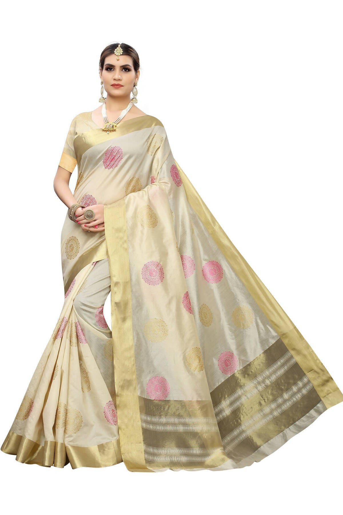 Vamika Cream Weaving Cotton Polyester Silk Saree (Kerala Bird Pink) - Distacart
