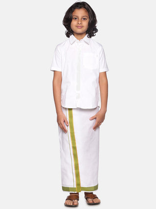 Sethukrishna Boys White & Green Cotton Shirt With Readymade Dhoti - Distacart