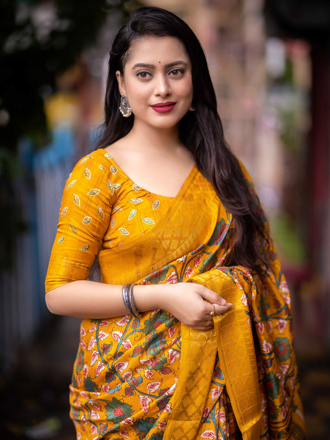 Mitera Yellow Kalamkari Printed Zari Woven Design Saree - Distacart