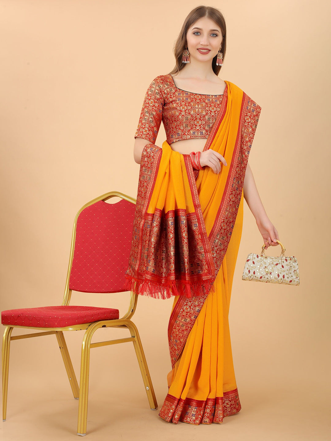 Kalini Yellow & Red Zari Pure Silk Saree - Distacart