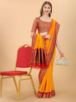 Thumbnail for Kalini Yellow & Red Zari Pure Silk Saree - Distacart
