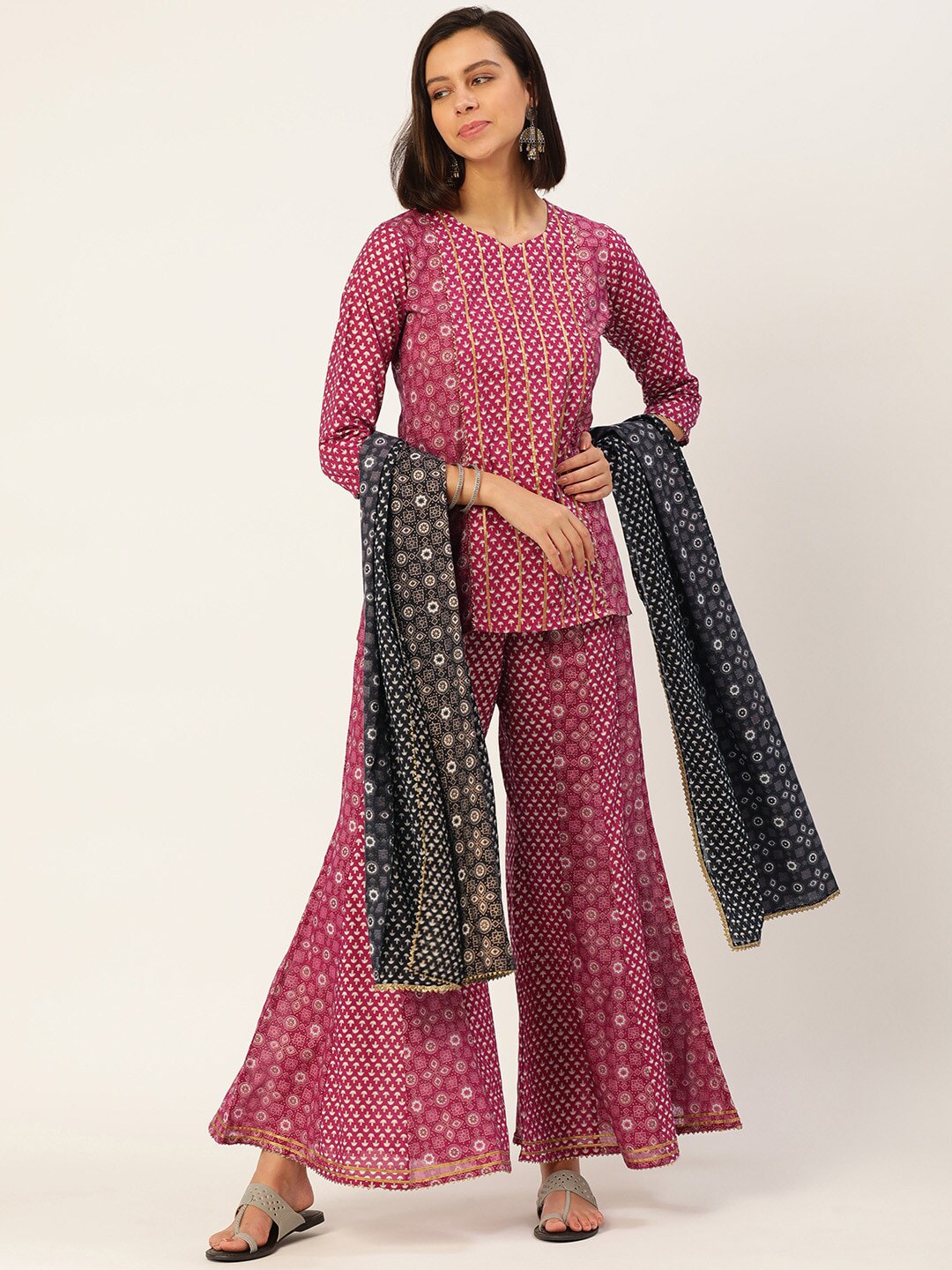 HERE&NOW Women Pink And Black Ethnic Printed Pure Cotton Kurti With Palazzo And Dupatta - Distacart