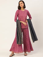 Thumbnail for HERE&NOW Women Pink And Black Ethnic Printed Pure Cotton Kurti With Palazzo And Dupatta - Distacart