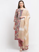 Thumbnail for Kalini Women Beige Floral Printed Pleated Thread Work Pure Cotton Kurti with Trousers & With Dupatta - Distacart