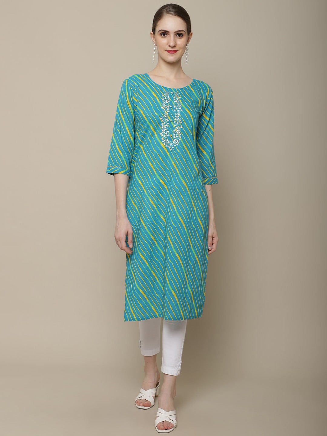 Sangria Women Blue & Yellow Leheriya Dyed Thread Work Kurta - Distacart