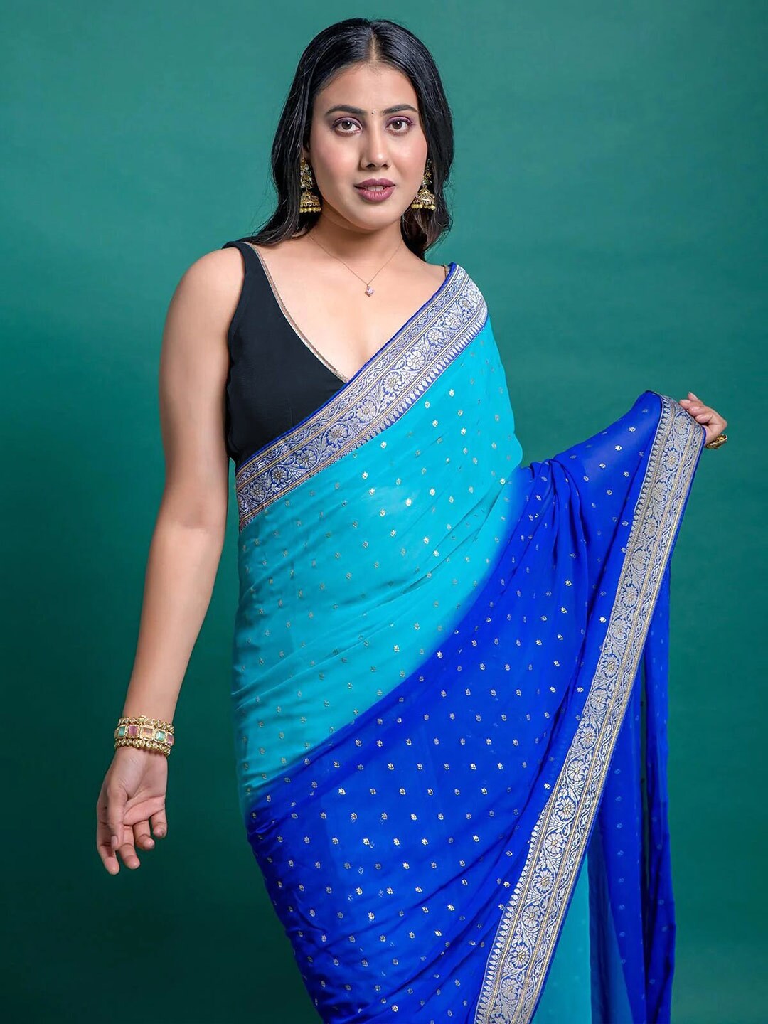 Mitera Blue & Gold-Toned Ethnic Motifs Pure Georgette Half and Half Block Print Saree - Distacart